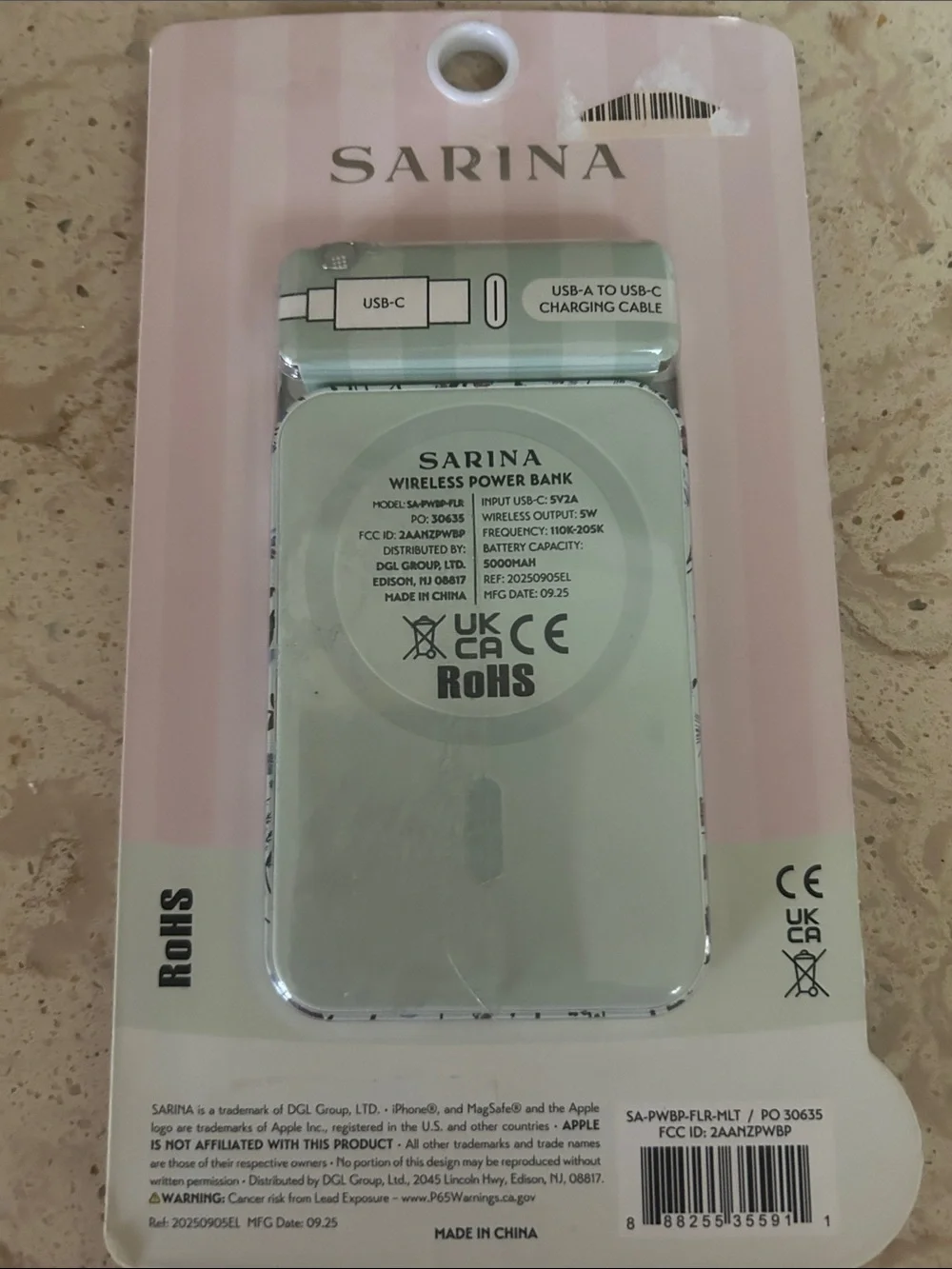 SARINA Floral Wireless Power Bank - White with Floral Pattern